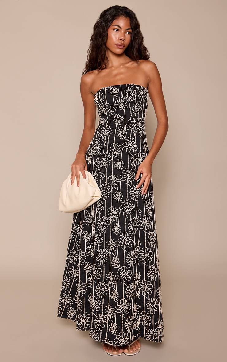 Noir Robe Longue Bustier À Détails Brodés