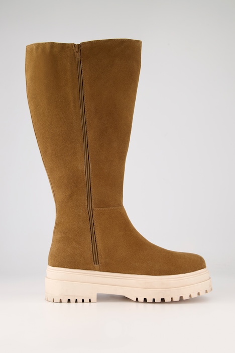 Lederstiefel, XXL-Schaft, Velours, Elastikeinsatz, Weite H