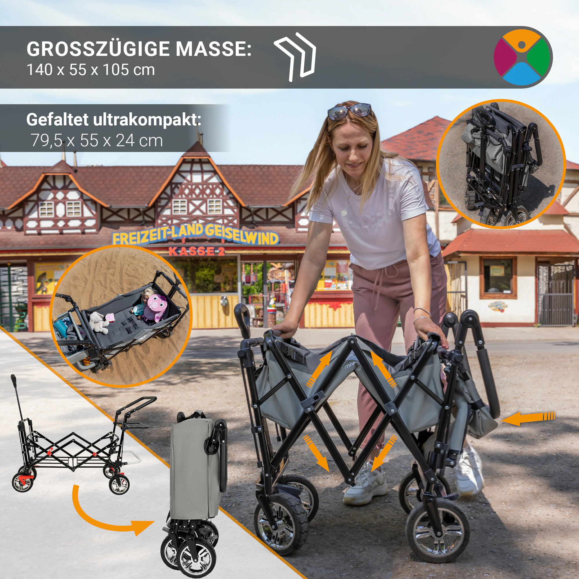 Miweba Bollerwagen MB-20 faltbar, Sonnendach, Schiebe- und Zugstange, Stauraumverlängerung, 360°-Räder (Hellgrau/Dunkelgrau)