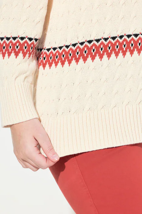 Pullover, Fair Isle, Rundhals, Langarm, Biobaumwolle, ziegelrot