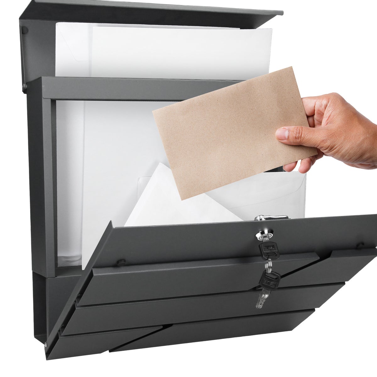 ECD Duitsland Brievenbus met krantenvak 37x11x37 cm van gepoedercoat roestvrij staal, antraciet, inclusief 2 sleutels en bevestigingsmateriaal - Moderne design wandbrievenbus met krantenvak