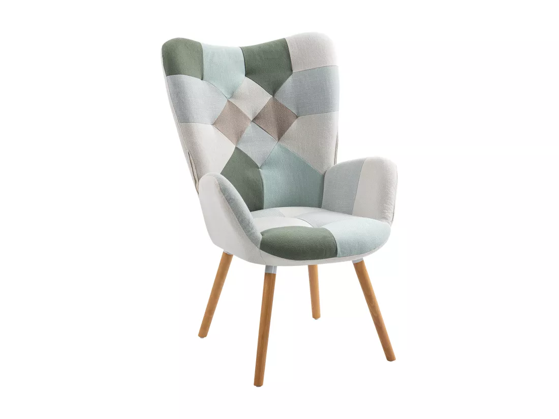 MEUBLES COSY Fauteuil Scandinave Chaise de Canapé de Loisirs pour Salon Salle à Manger Bureau avec Un Revêtement en Tissu, Accoudoirs Rembourés et des Pieds en Bois Massif, Patchwork Vert, 68x50x106cm