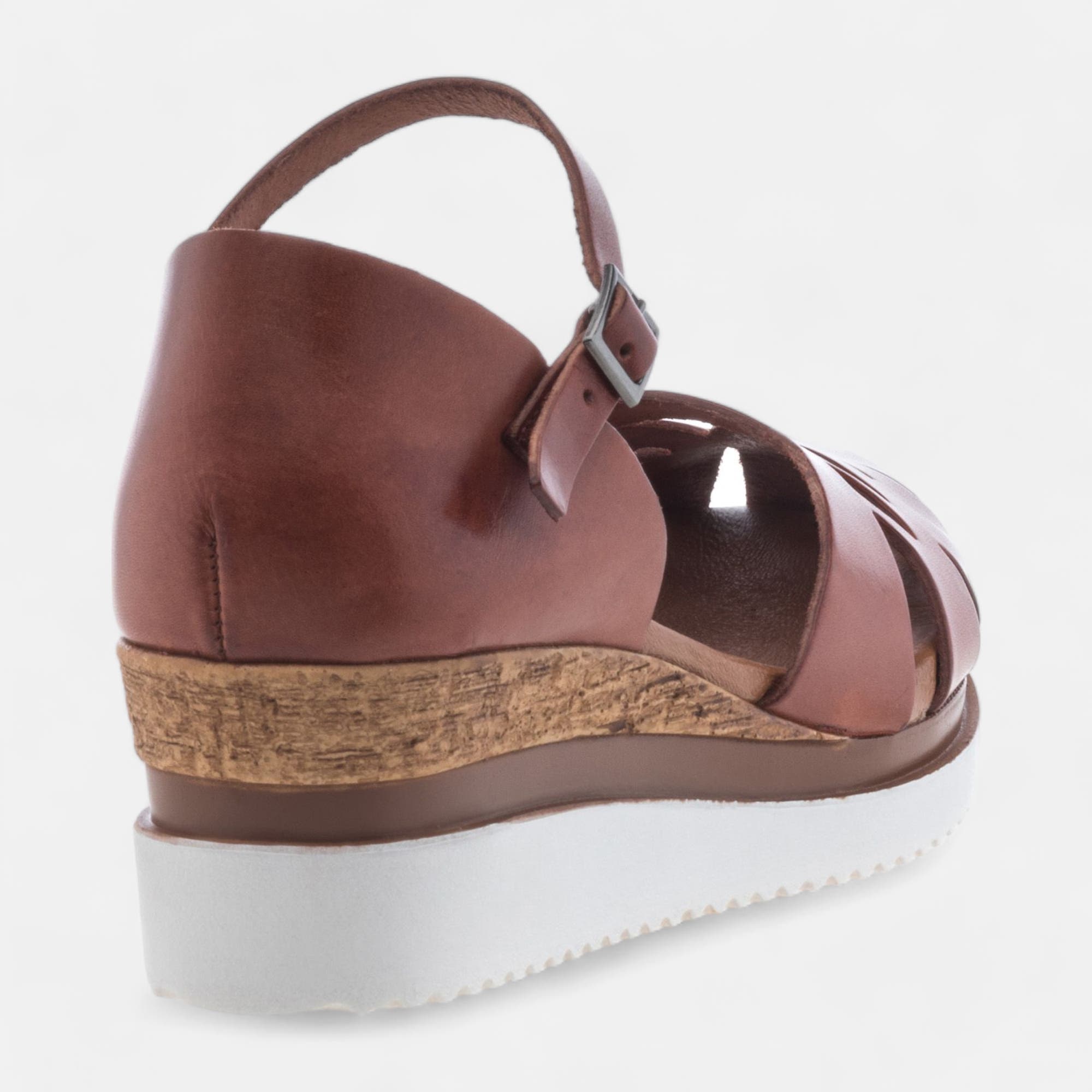 Sandales à talon compensé Femme en cuir cognac