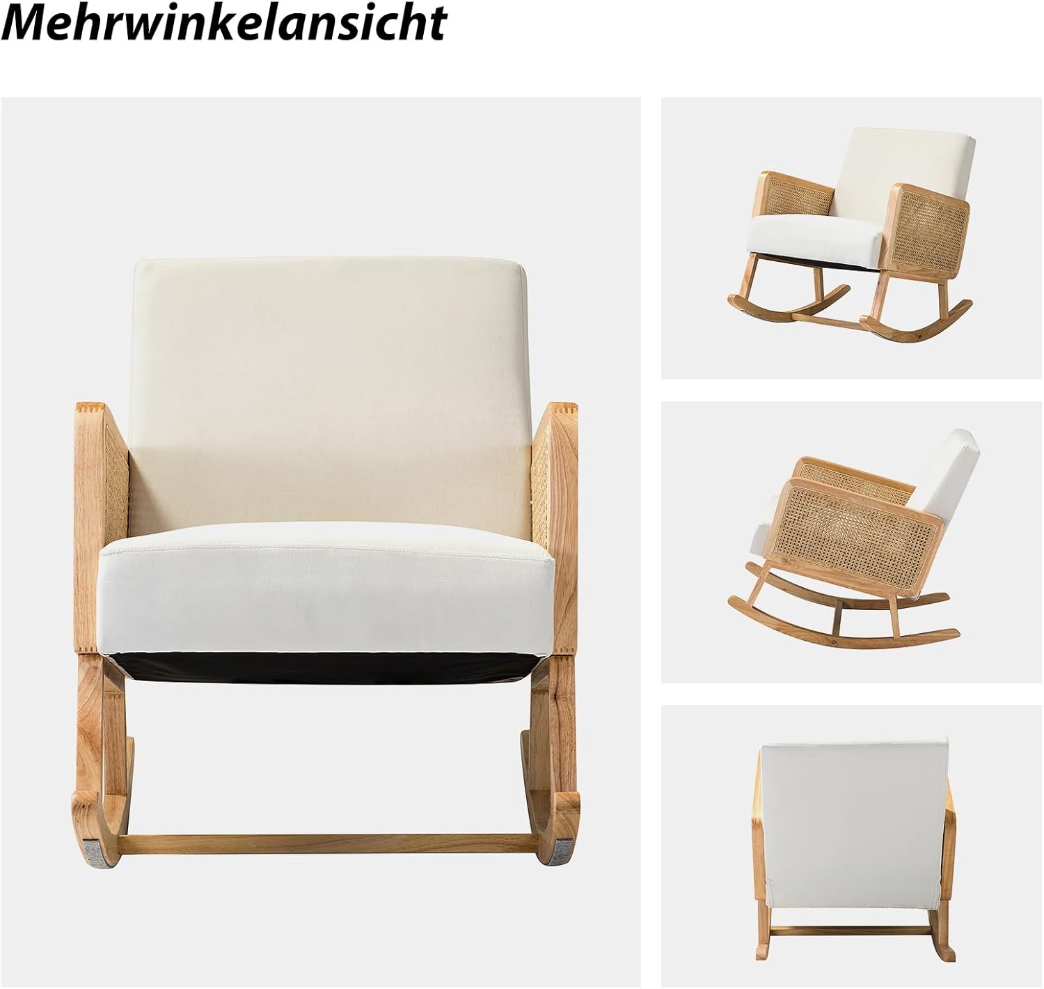 HULALA HOME Schaukelstuhl mit Rattan Armlehnen Wohnzimmer Sessel mit Holzrahmen Schaukelsessel aus Polsterung für Schlafzimmer, Beige