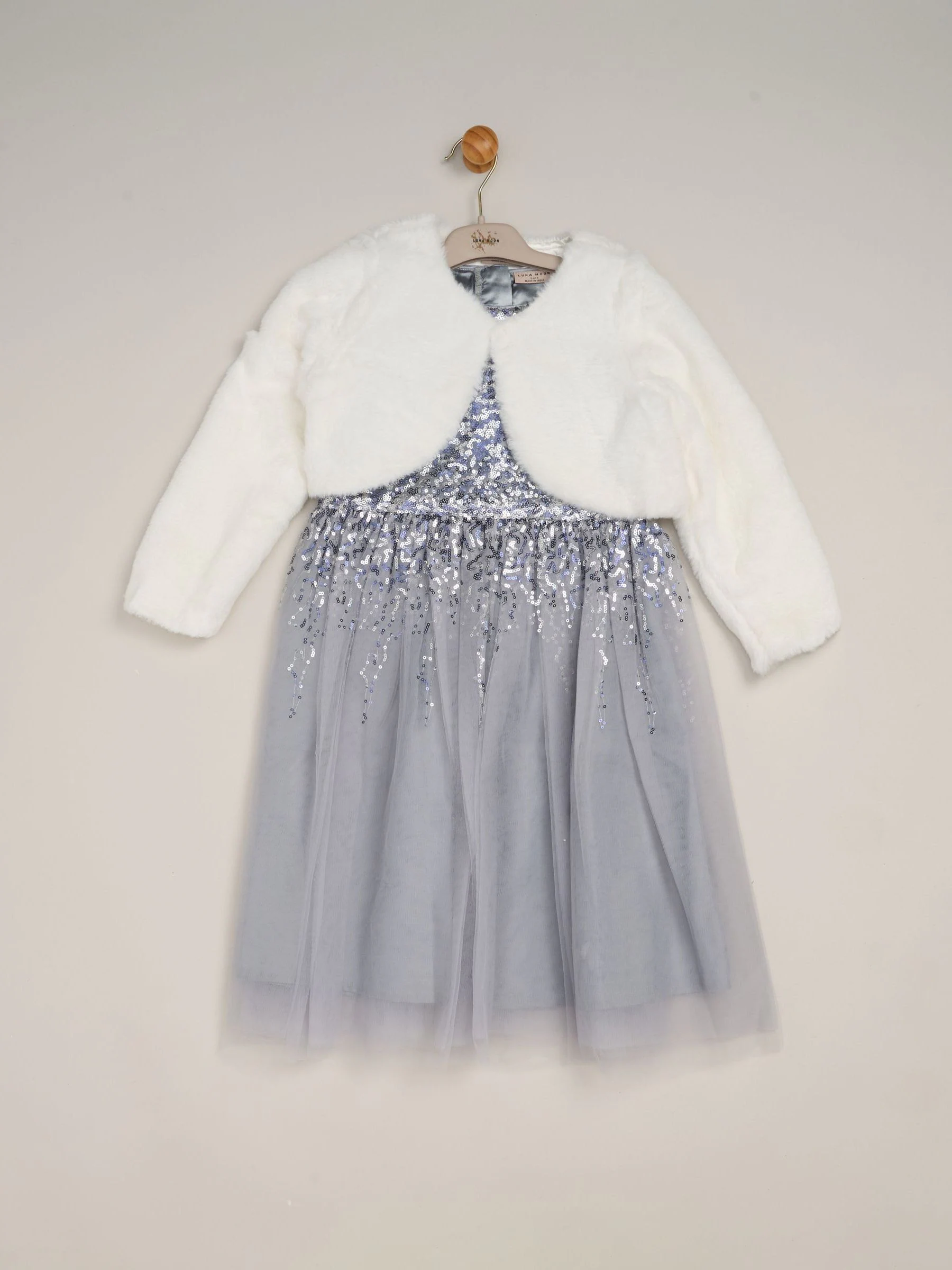Blauw - Miss Waterfall Sequin Dress and Faux Fur Bolero Set