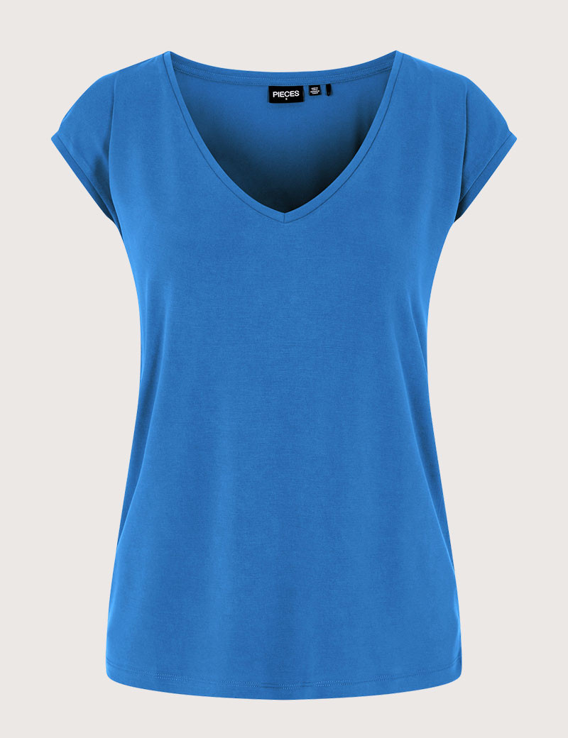 PIECES T-SHIRT COL V KAMALA GRIS BLEU ELECTRIQUE
