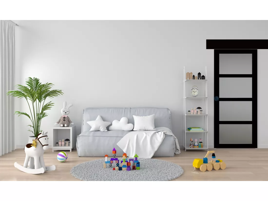 Porte Coulissante Telia Noir Vitrée H204 X L83 + Rail Alu Bandeau Noir Et 2 Coquilles Noir Gd Menuiseries