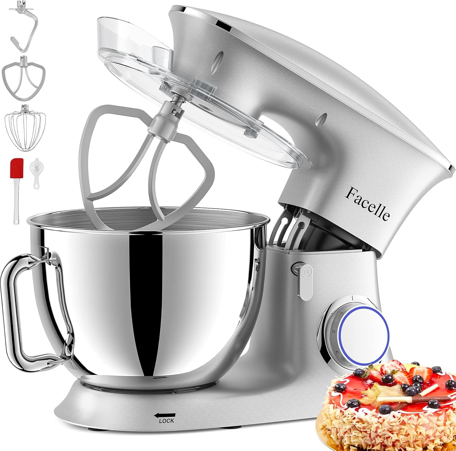 Facelle Robot Ptissier Multifonctions de Cuisine 1500W 8.5L, Puissant, Métalique, Mixeur Batteur sur Scole, avec Batteur, Fouet, Crochet Pétrin, 6 Vitesses,Robot Patisserie Multifonction