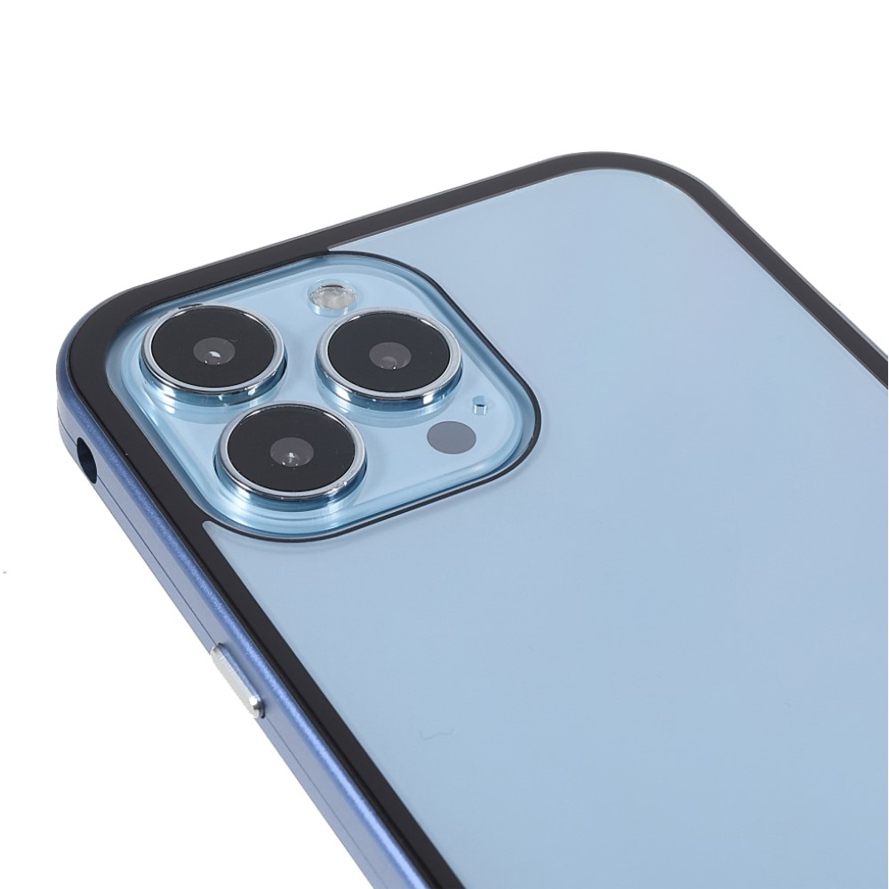iPhone 13 Pro Magnetische Alu Schutzhülle mit Panzer Glas Backcover   Privacy Glas Displayschutz (Magnet-Technologie) - Blau