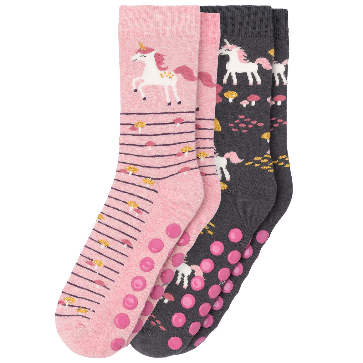 Topolino 2 Paar Mädchen Stoppersocken mit Einhörnern rosa / dunkelgrau