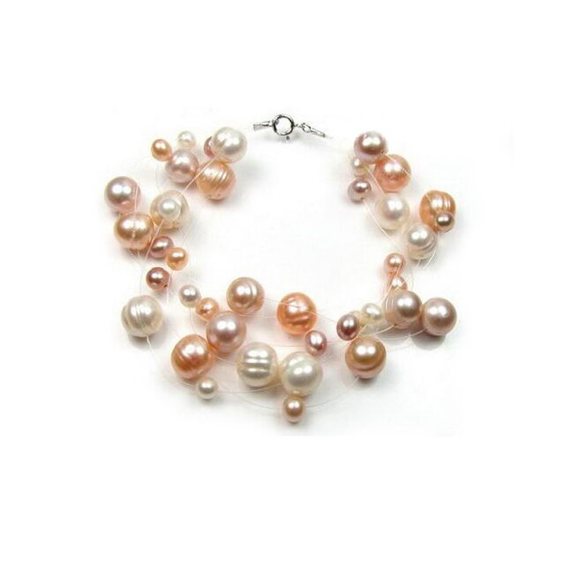 Bracelet Femme 3 rangs Invisible en Nylon et en Perles de culture d'eau douce Multicolores et Argent 925/1000