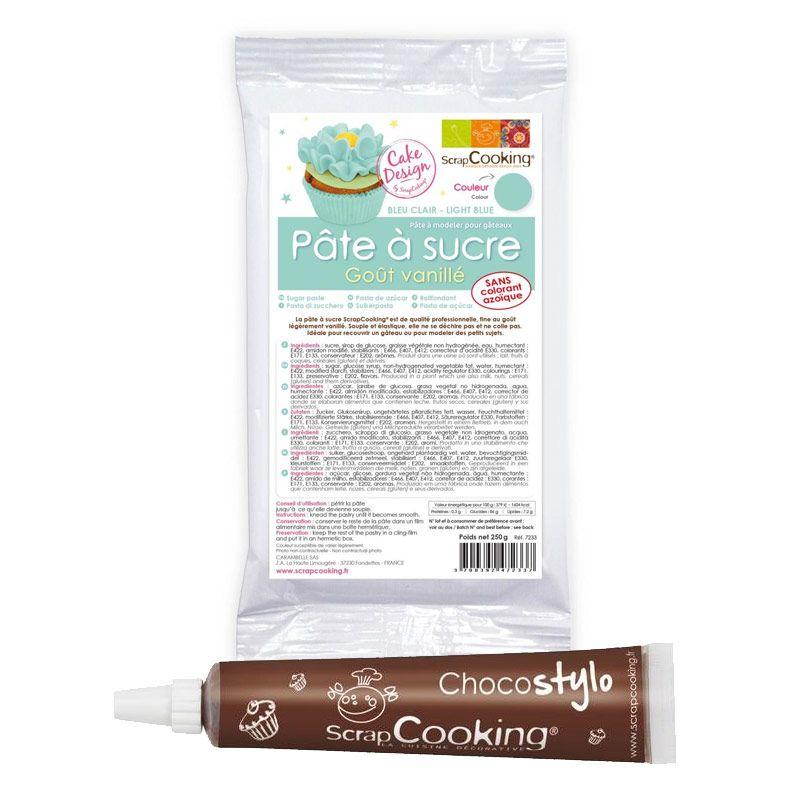 Pâte à sucre bleu clair arôme vanille 250 g + Stylo chocolat Scrapcook