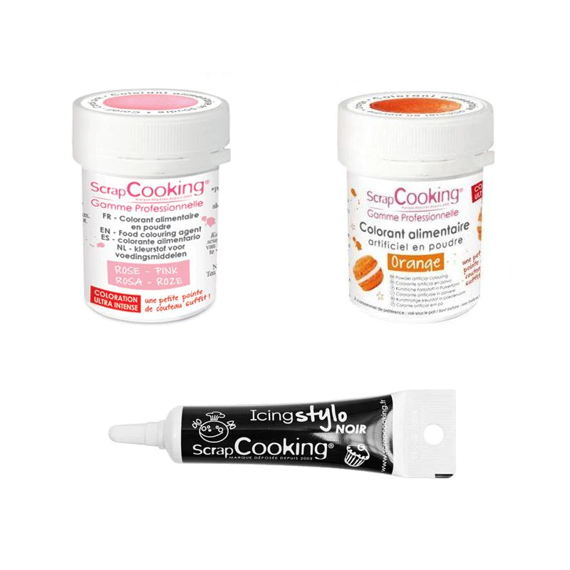 2 colorants alimentaires orange-rose poudré + Stylo glaçage noir Scrap