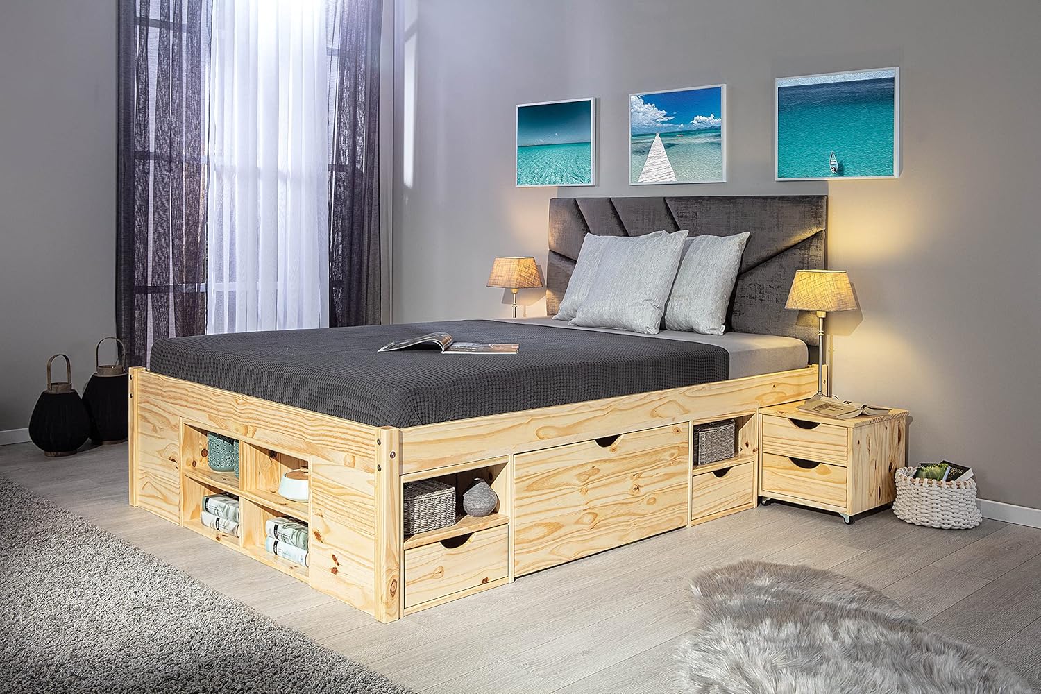 Inter Link - Funktionsbett - Bett mit Schubladen - Doppelbett 140 x 200 cm - 2 Große und 4 kleine Schubladen - Nachtkommode - Kiefer massivholz - Inkl Lattenrost - Natur lackiert - Claas
