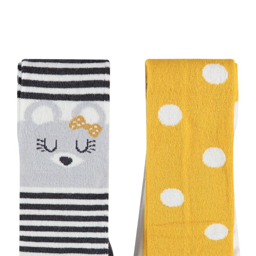 Lot de 2 collants en tricot à pois / rayures jacquard - Gris foncé