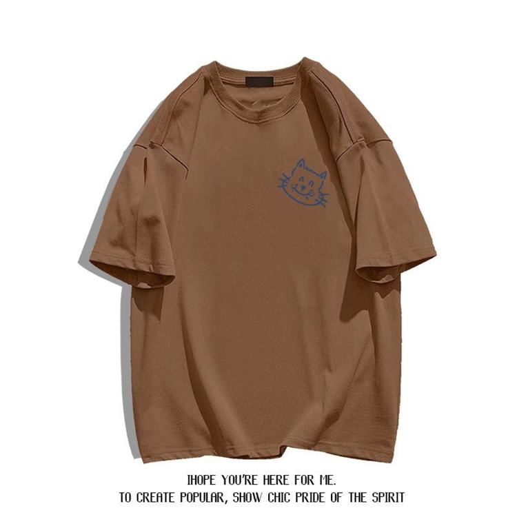 Bay Go Mall - T-shirt met ronde hals en kattenprint, met elleboogmouwen