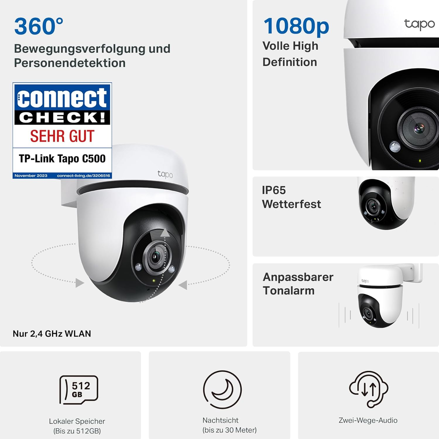 Tapo C500 Outdoor Security WiFi Kamera (1920x1080p) Nachtsichtfunktion und KI-Personenerkennung / Audio / Micro SD / (iOS/Android) - Weiss
