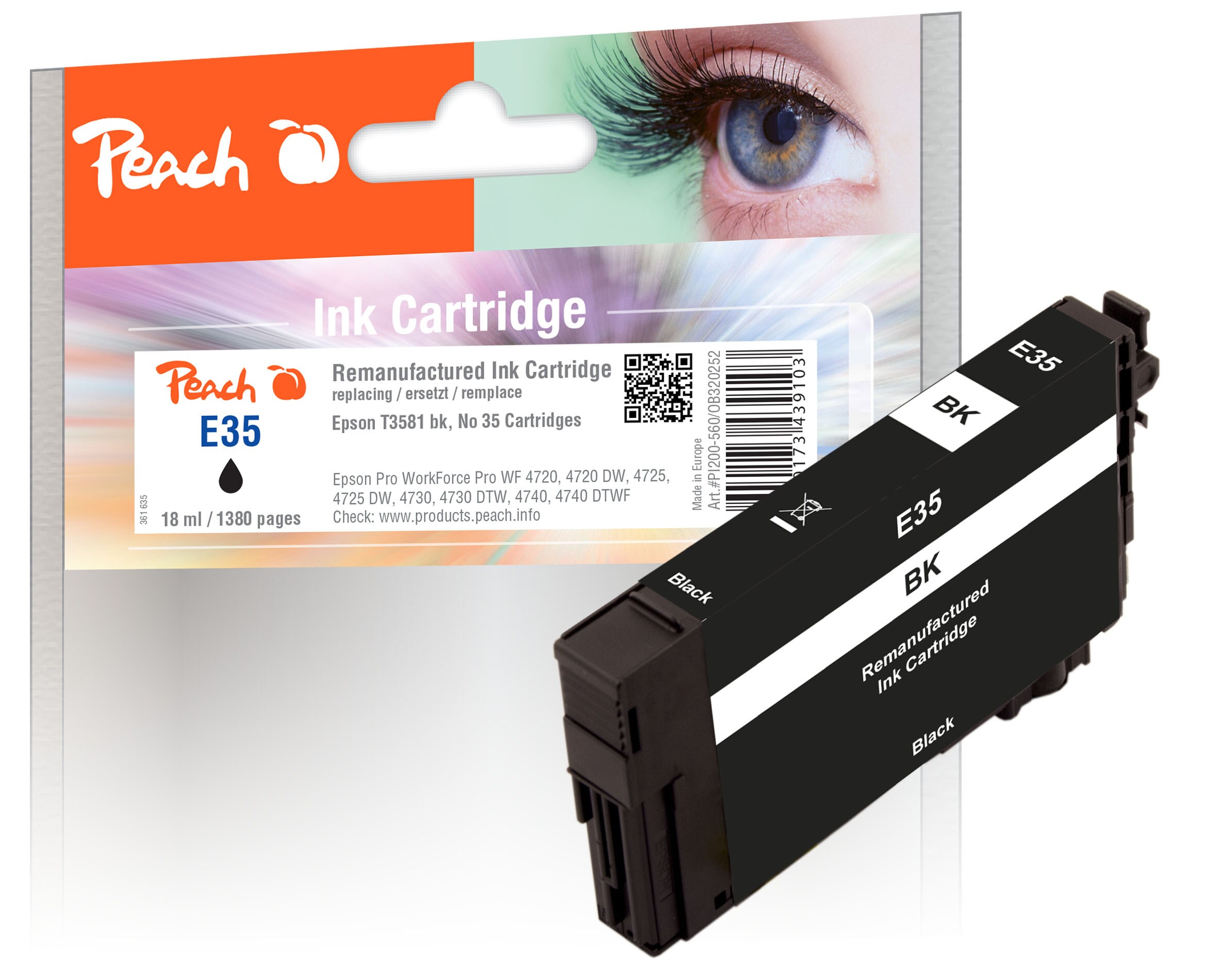 Peach E35Druckerpatrone bk ersetzt Epson T3581, No. 35 bk, C13T35814010 für z.B. Epson WorkForce Pro WF -4720 DWF, Epson WorkForce Pro WF -4720 (wiederaufbereitet)