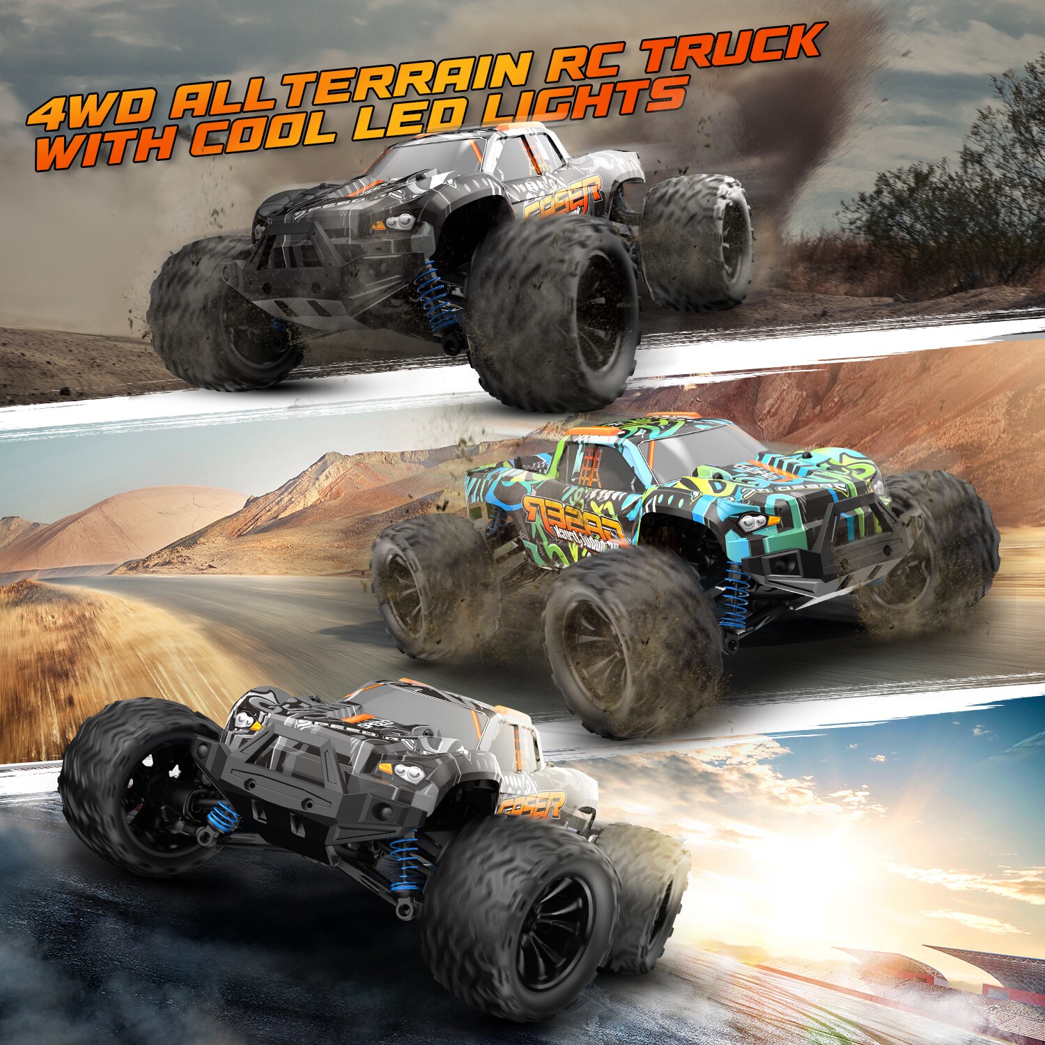 ES-Toys RC Elektro Monster Truck Gaser 900 1:14, bis 40 km/h schnell, Allrad schwarz/orange
