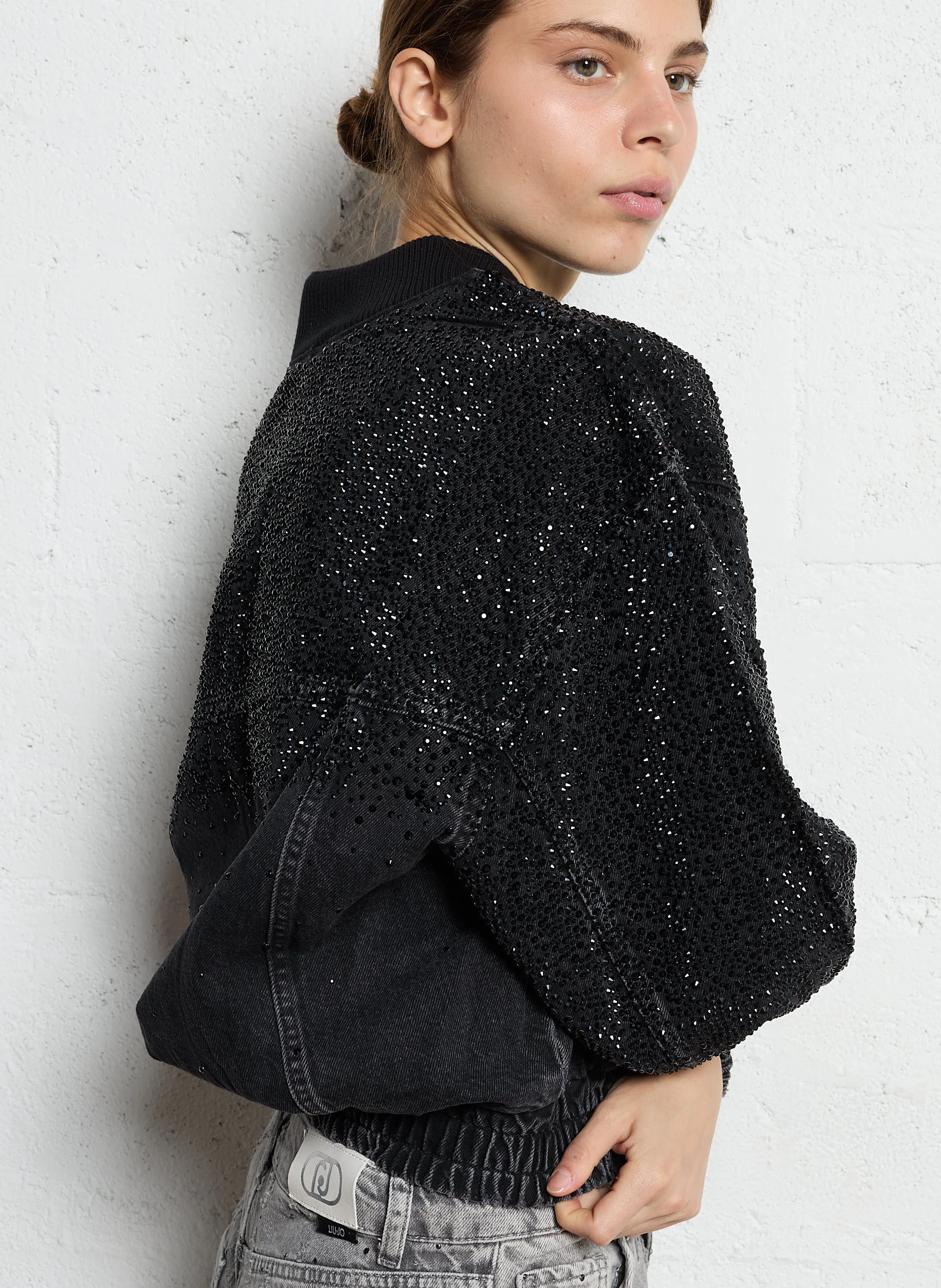 Bomber en denim à strass | Noir