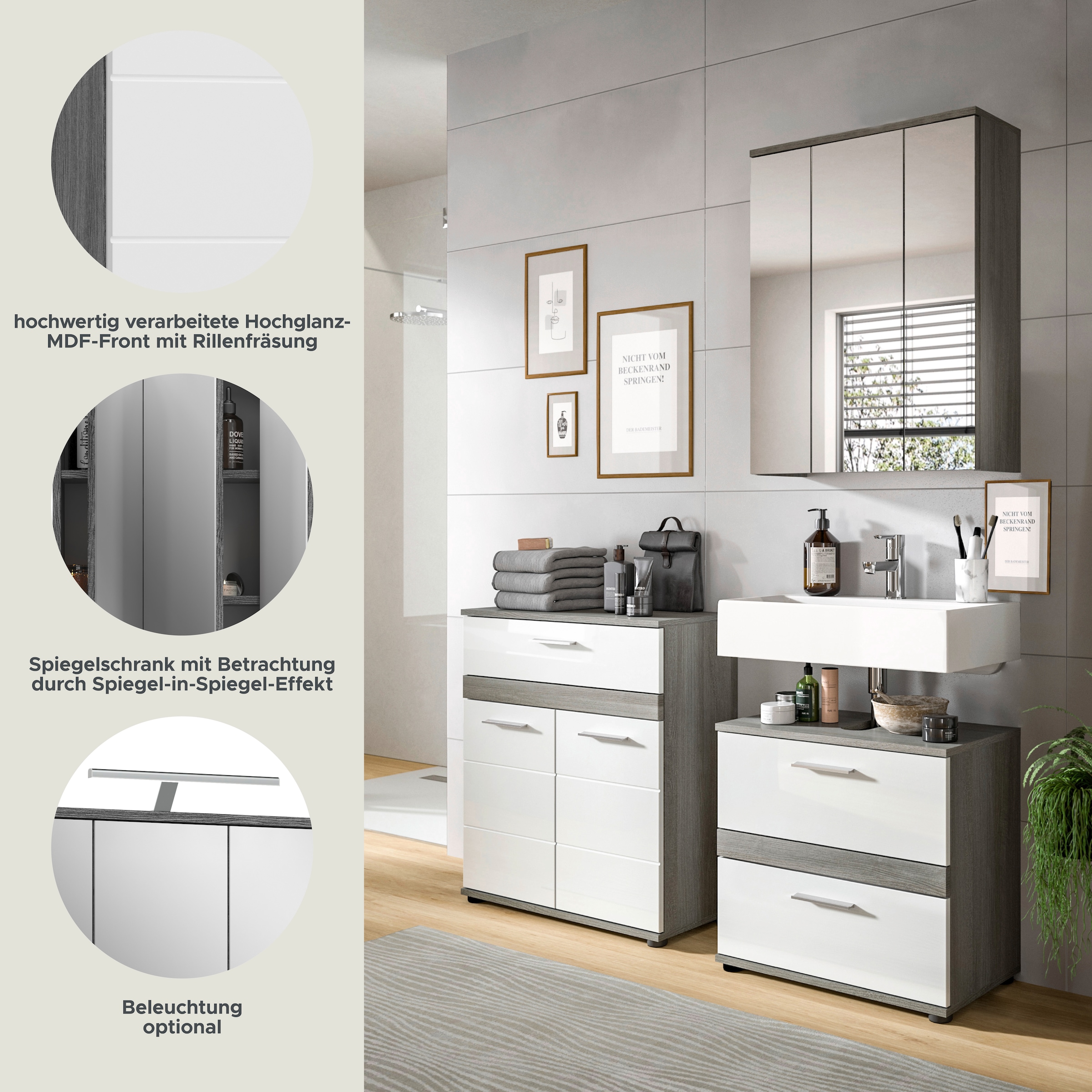 welltime Badmöbel-Set »LUCCA, 3-teilig, TOPSELLER!, hochwertige MDF Front« Set, best. aus: Waschbeckenunterschrank, Spiegelschrank und Midischrank, 3 Stk. tlg.