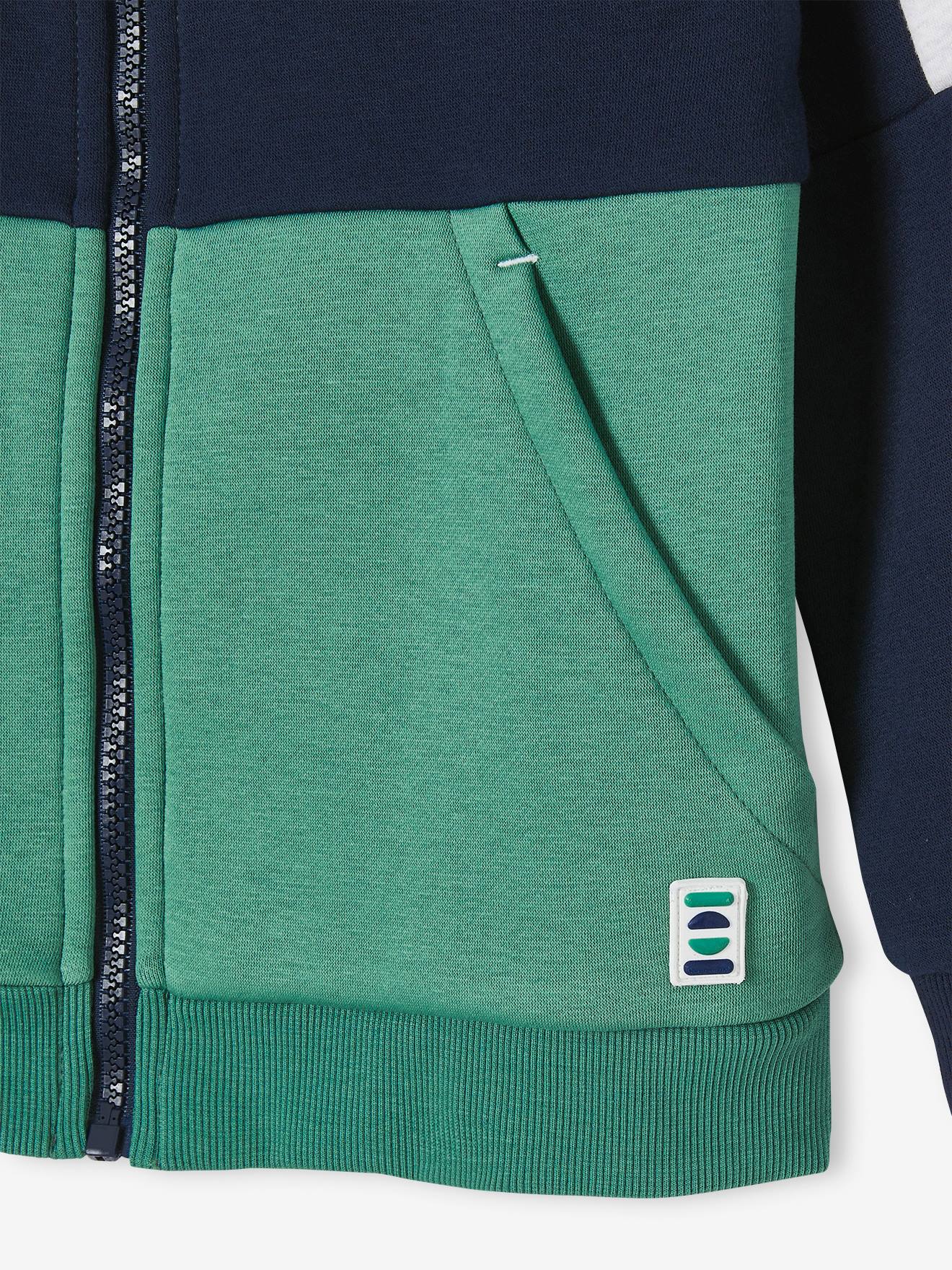 Moletom com capuz e zíper verde com efeito colorblock para meninos