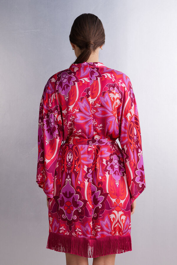 Kimono sensual de cetim viscose com estampa floral
