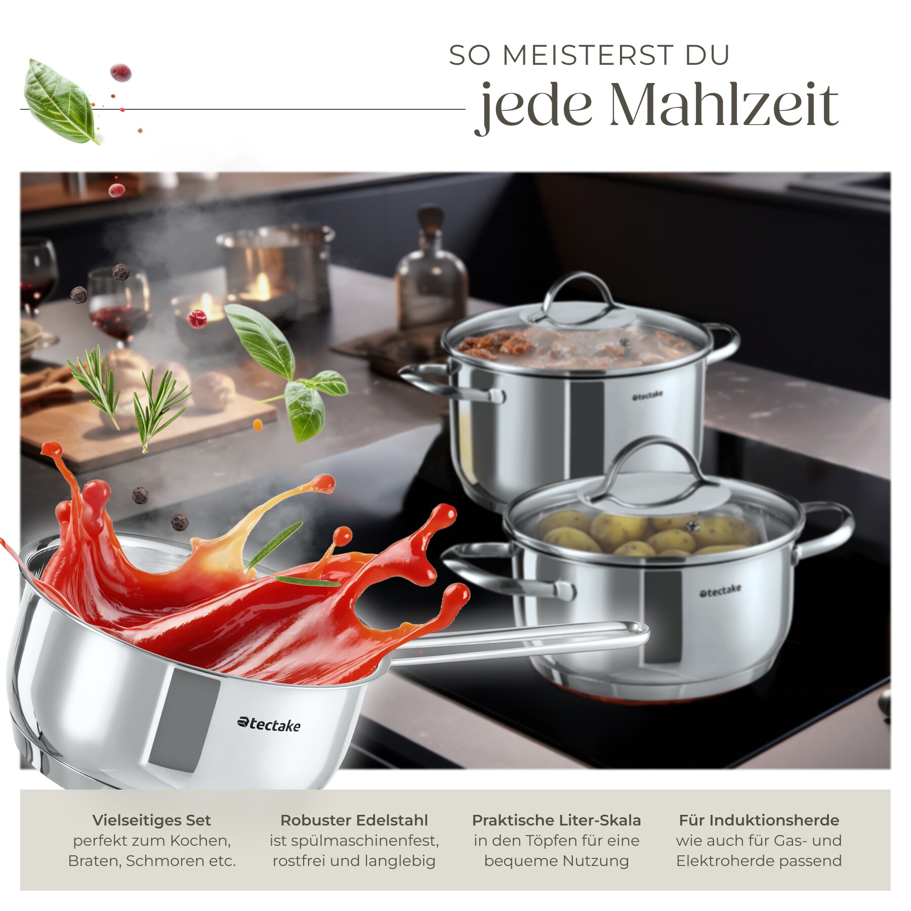 tectake® Kochtopfset, 7-teilig, aus Edelstahl, für Induktion geeignet, Glasdeckel mit Dampfabzug, integrierte Messskala in den Töpfen