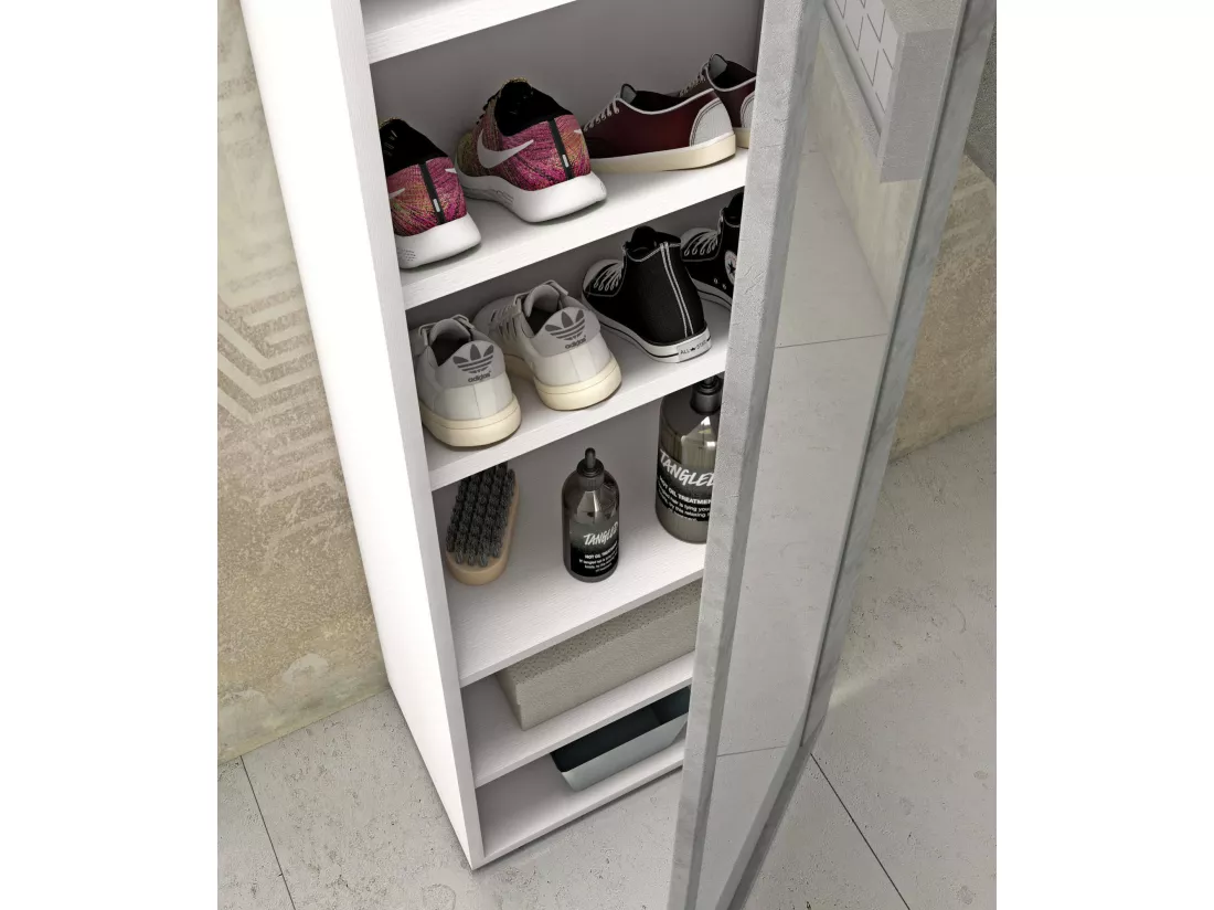Étagère à chaussures Dcandel, meuble d'entrée polyvalent avec porte miroir, meuble à chaussures moderne avec 7 étagères, 100% Made in Italy, 50x32hx182 cm, Blanc et Ciment