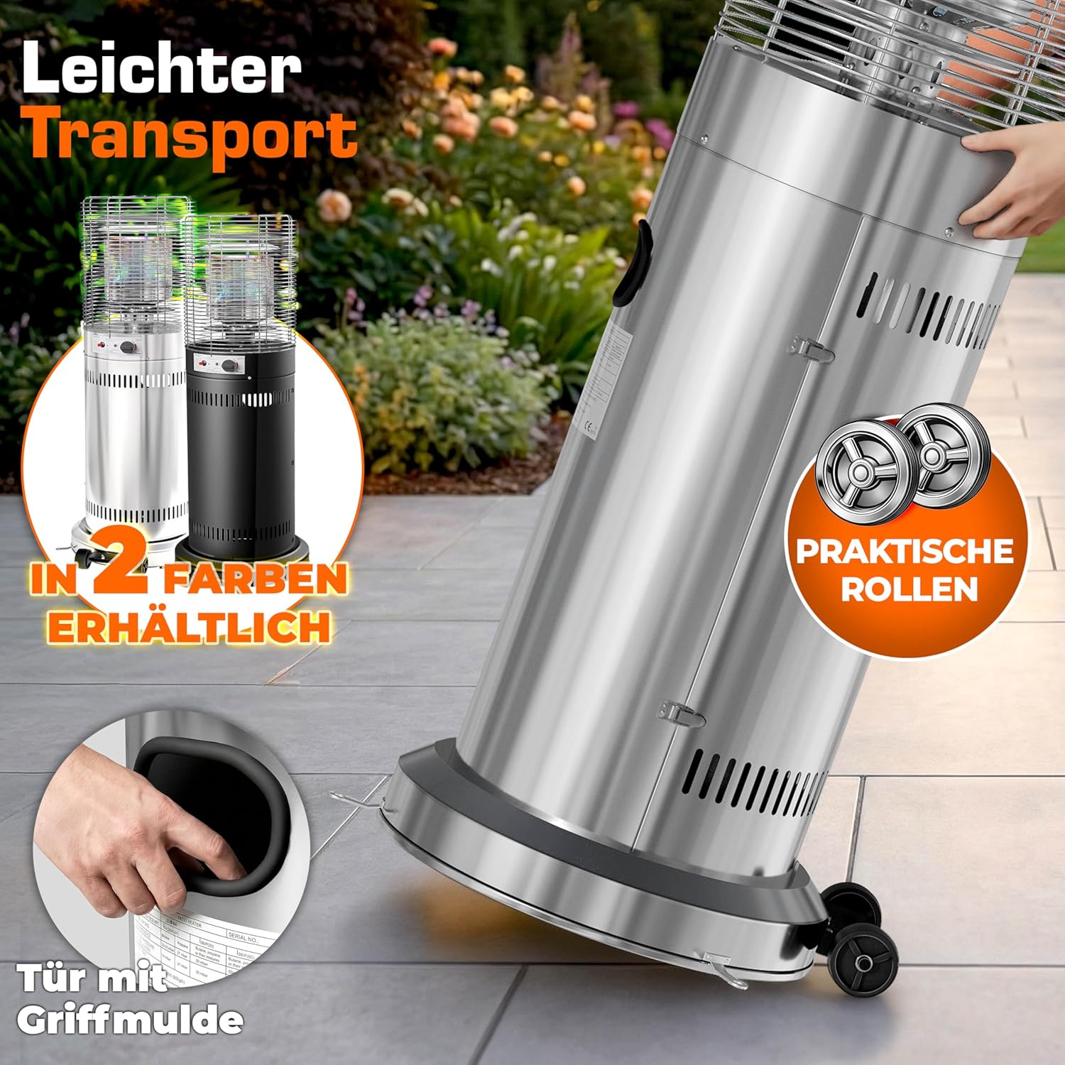 TRESKO® Heizstrahler Gas 11 kW mit Rollen | Outdoor Terrassenheizer für 5 & 11 kg Gasflaschen | Gasheizstrahler für Terrasse, Balkon & Garten | Gasheizer Heizpilz mit Schlauch & Regler (Silber)