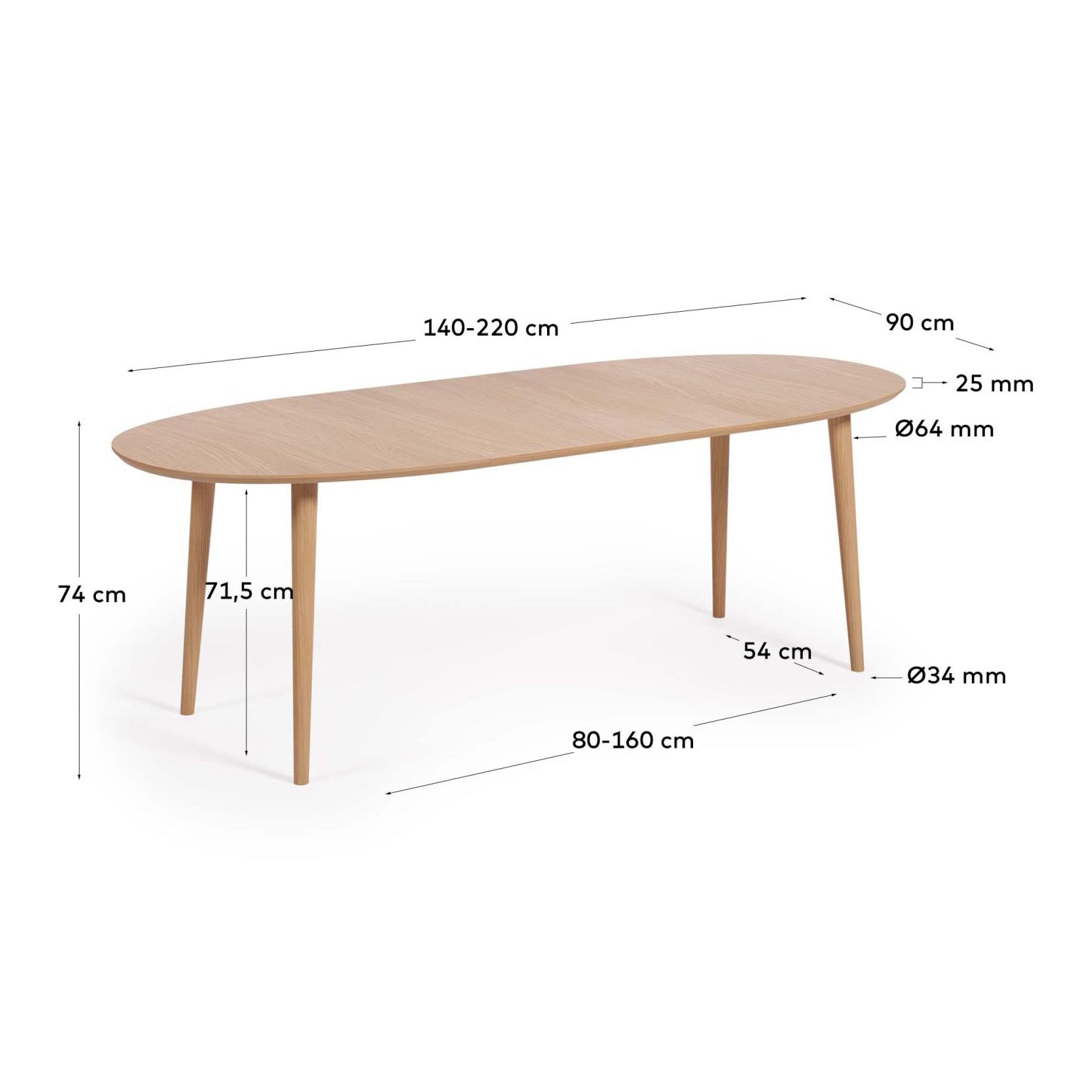 Kave Home Oqui Eettafel Uitschuifbaar Ovaal - 140/220 x 90 cm - Eiken