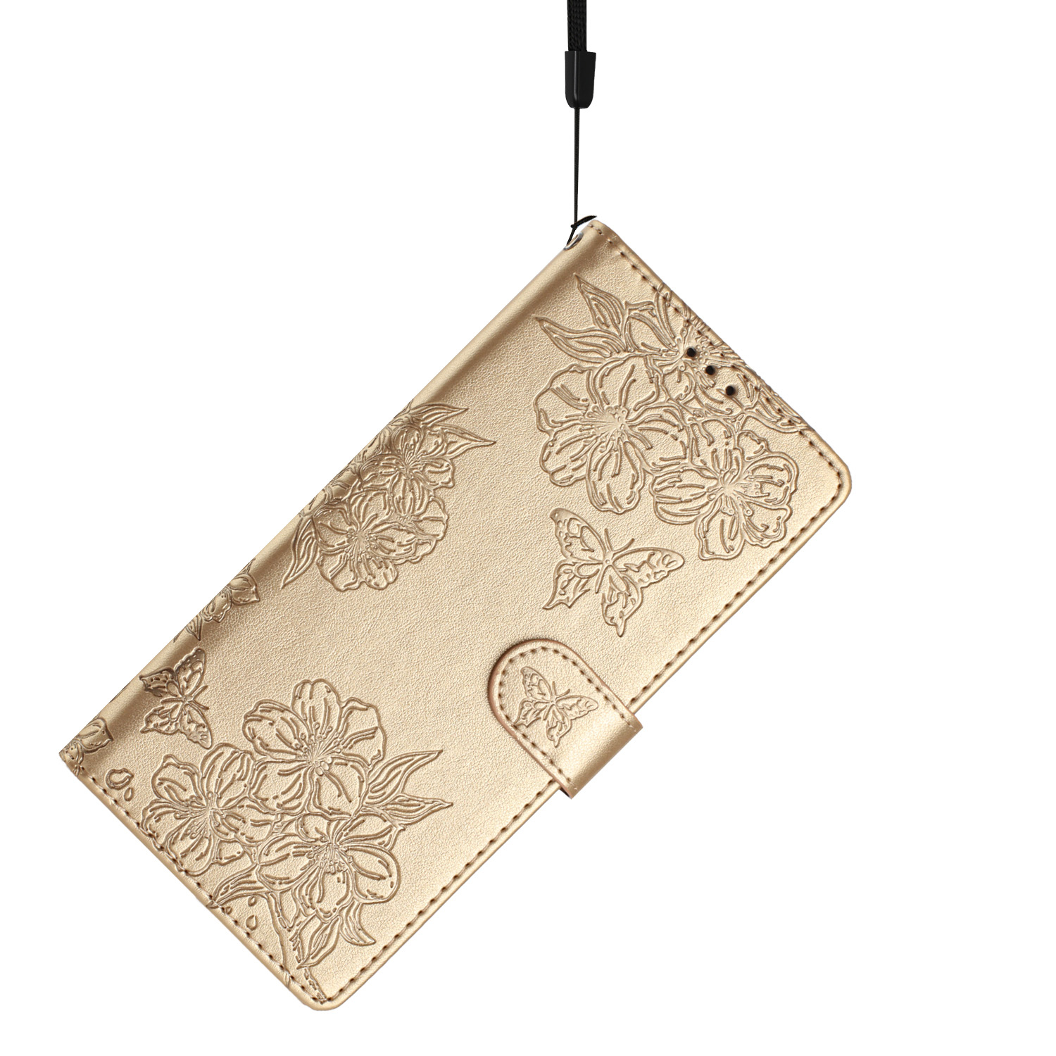 Samsung Galaxy S24 FE Leder Tasche Wallet - Mandala Butterfly Flowers Imprint - Gold