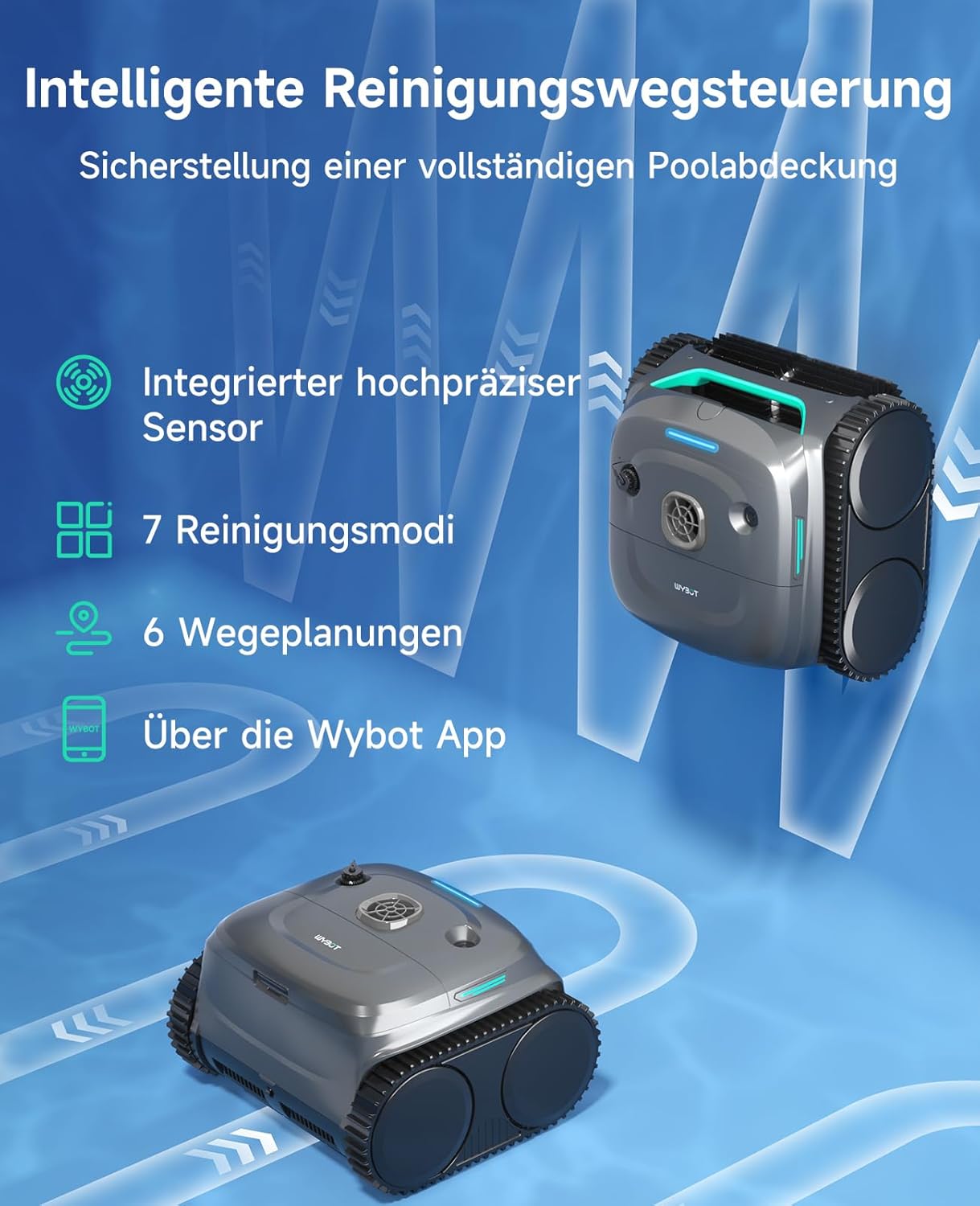 WYBOT C2 Poolroboter Akku Boden und Wand für Einbaupools bis 150㎡, Doppelfiltration, 3-Fach Motor, Starke Saugkraft, Wandkletter & Wasserlinie, 180 Min, App(Grau-Grün Grau)