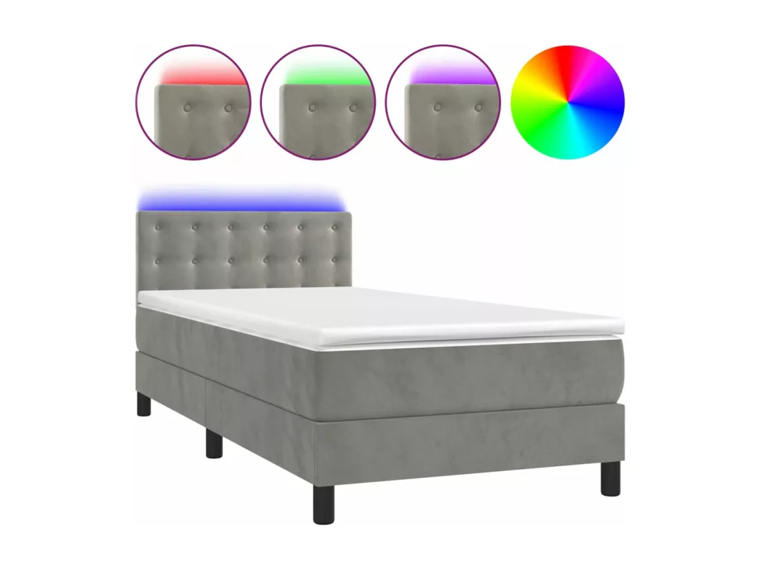 Sommier tapissier et matelas et LED Gris clair 90x190cm Velours