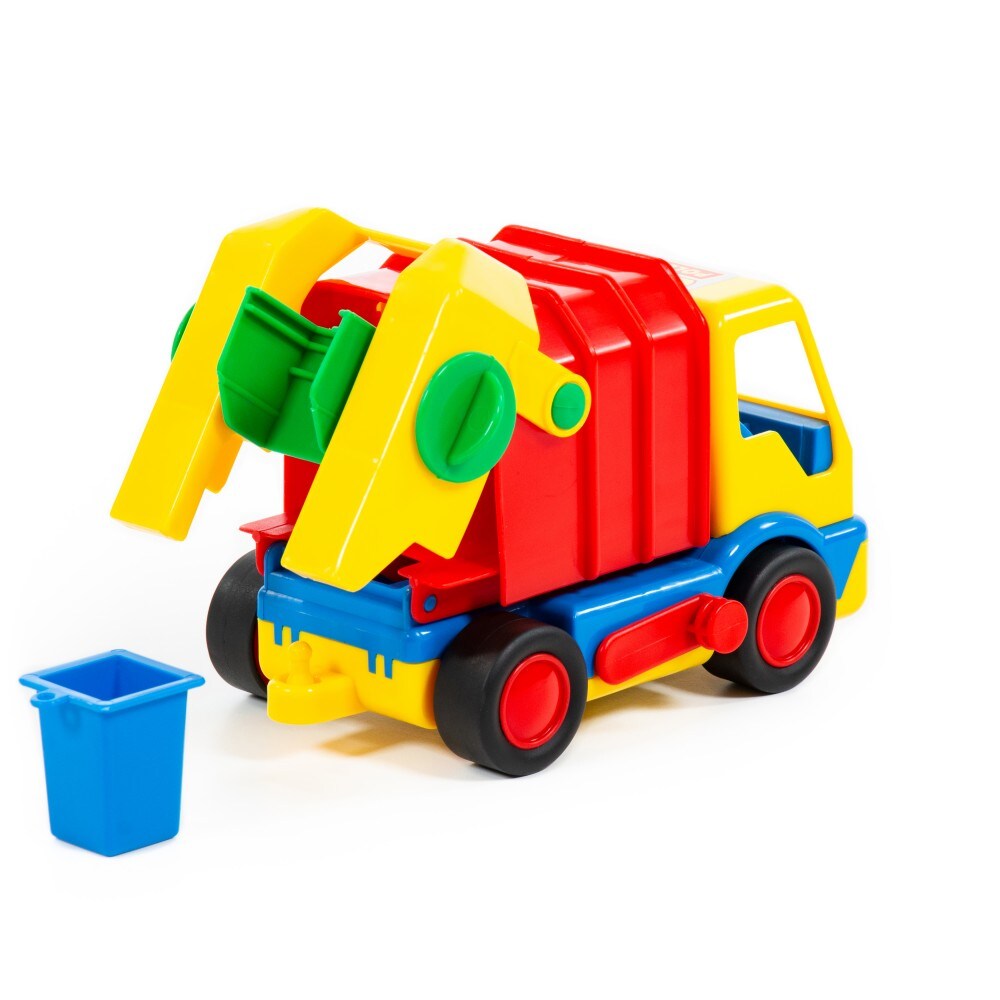 Polesie Spielzeug Müllwagen 9609, Mülltonne, Anhängerkupplung, Aufbau kippbar gelb