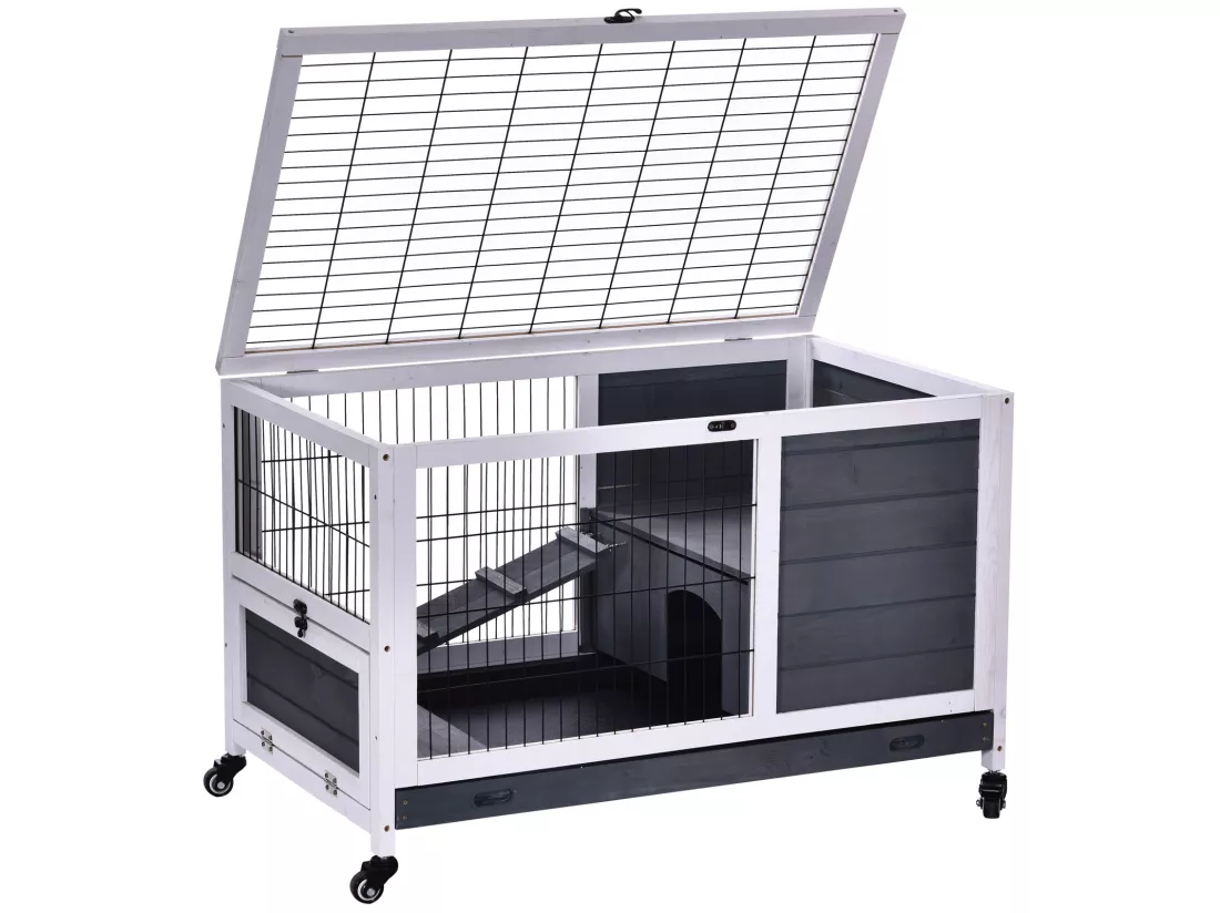 Clapier à lapin sur roulettes cage à lapin 2 étages porte verrouillable toit ouvrant plateau coulissant rampe bois de sapin gris blanc