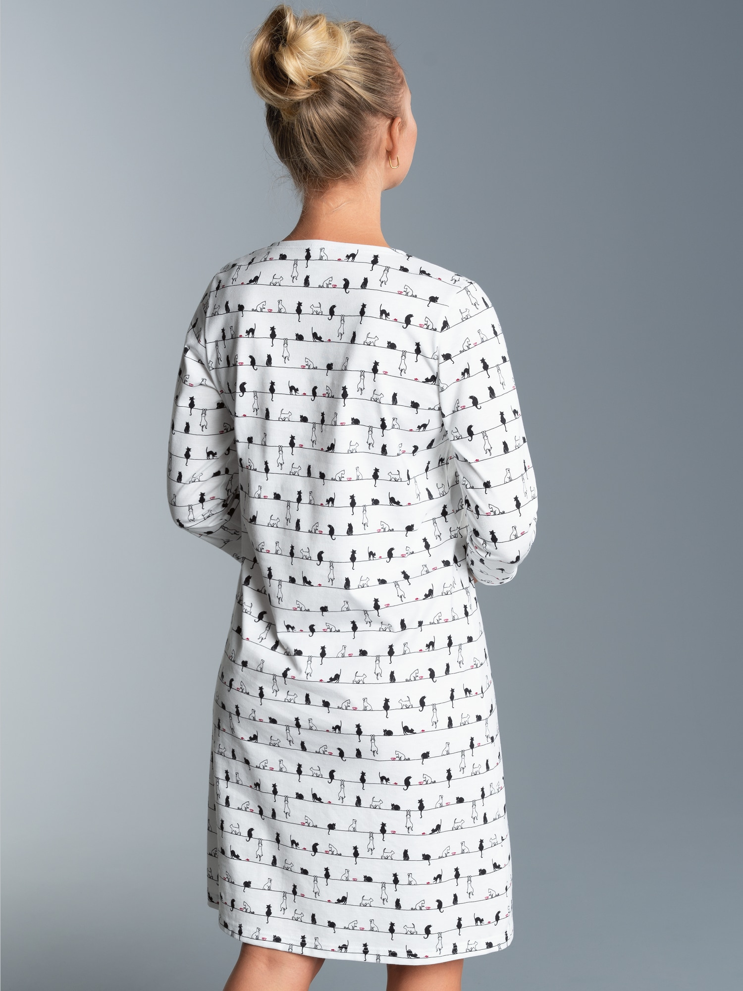 3/4 Arm Nachthemd mit Katzenmotiv Weiss