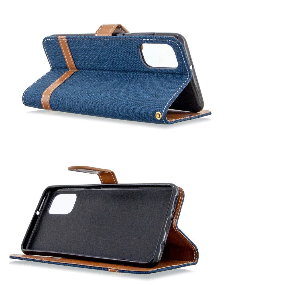 Samsung Galaxy A41 Stoff Tasche im Jeans Look mit Kartenfach   Magnetverschluss - Dunkelblau / Braun
