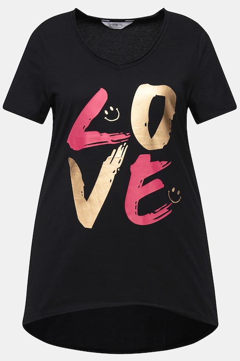 T-Shirt, LOVE-Schriftzug, V-Ausschnitt, Halbarm