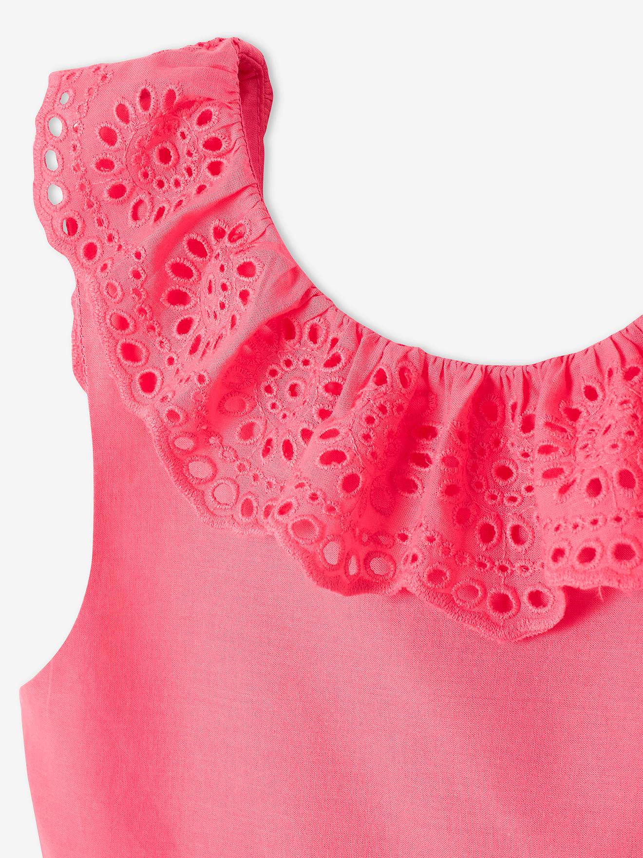 Vestido de festa com detalhes em bordado inglês, rosa médio liso para menina.