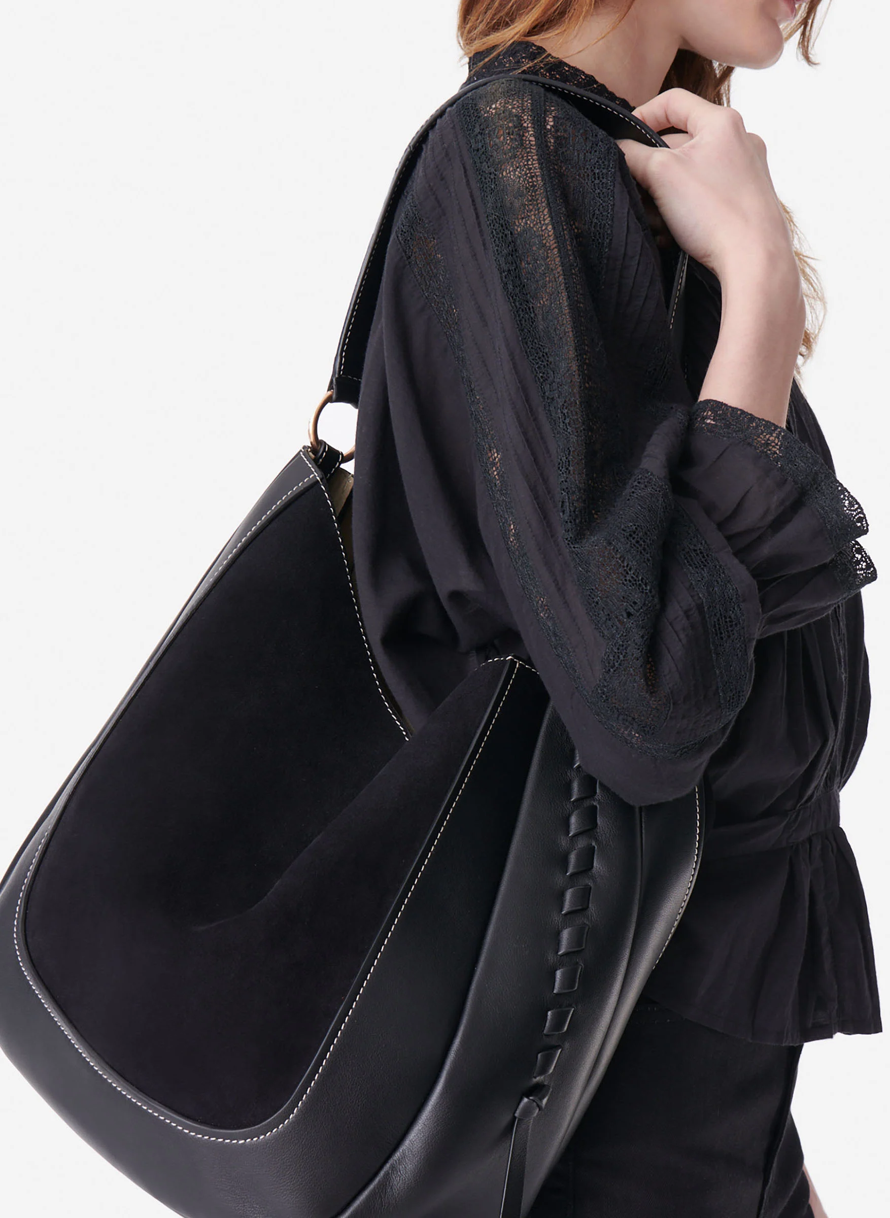LOU HOBO - Sac hobo en cuir lisse et velours| Noir