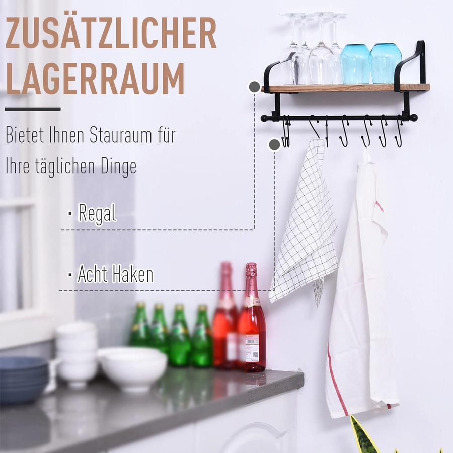 HOMCOM Wandregal mit 8 Haken braun, schwarz