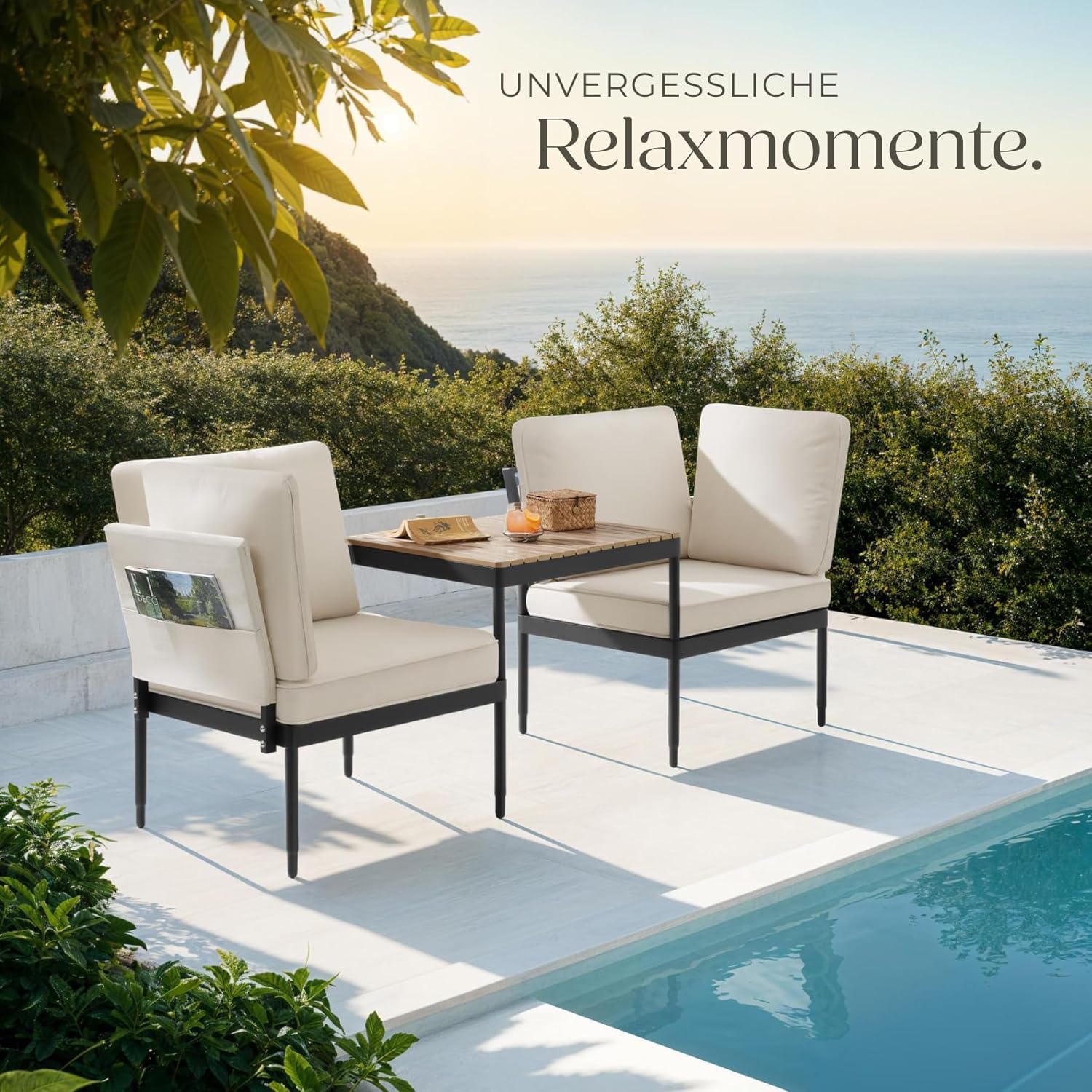 tectake® 5-in-1 Gartenlounge Set, Gartenmöbel mit Outdoor Kissen wetterfest, Lounge Sessel, Liege oder Gartenbank, Balkontisch, Balkonmöbel Kleiner Balkon, Lounge Möbel Outdoor, Terrasse, Holz Optik