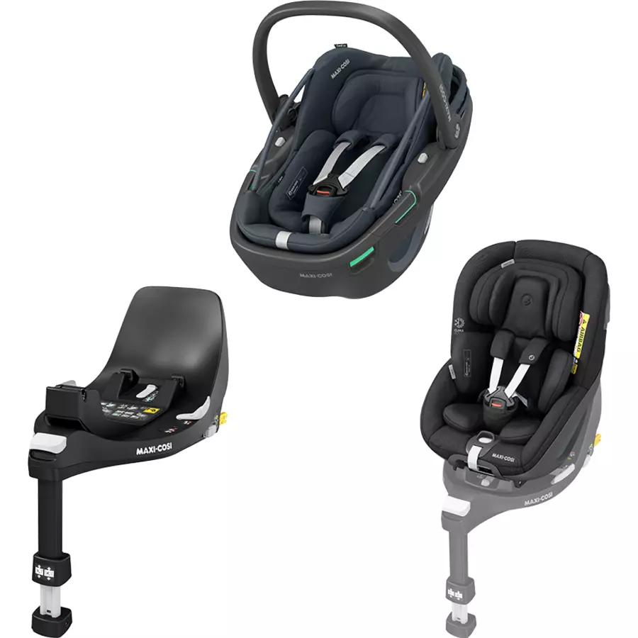MAXI COSI Set Babyschale Coral 360 Essential Graphite plus Kindersitz Pearl 360 Authentic Black plus Basisstation FamilyFix 360