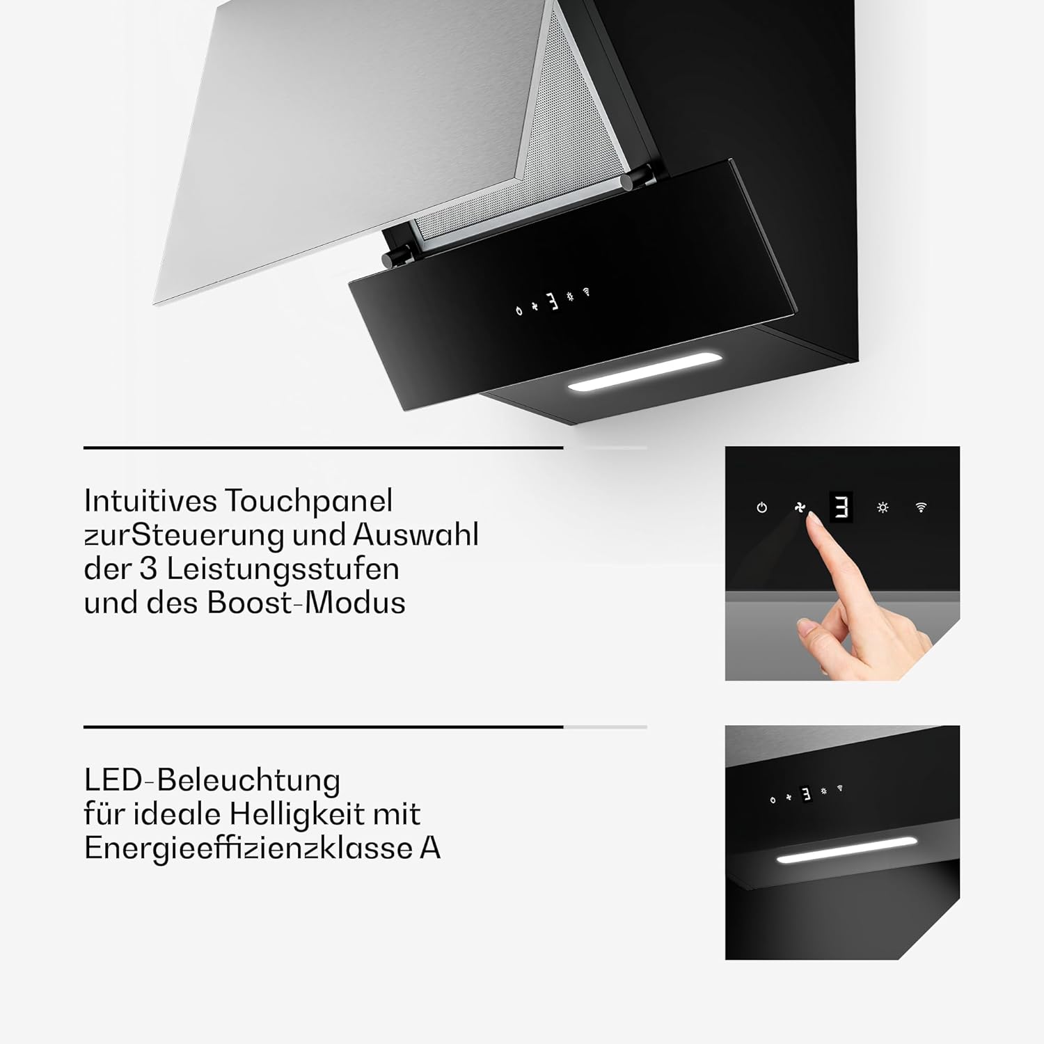 Klarstein Verosteel Dunstabzugshaube 60 cm - Kopffreihaube, 624 m³/h, A++ Energie, Touch, LED, leise, Edelstahl & Glas, Abzugshaube Küche, spülmaschinenfester Filter