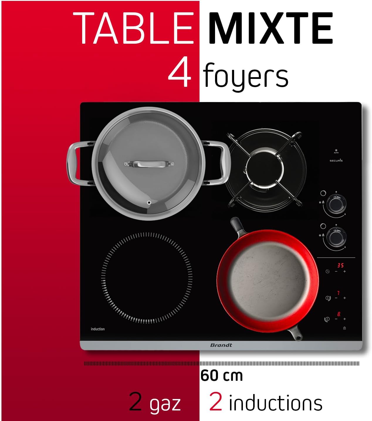 Brandt - BPI6413BM - Plaque Induction et Gaz - Table de Cuisson - Noir - 4 Foyers - 3400W Electrique et 4600 Gaz - Dimensions Encastrement : 56x49cm - 9 Positions par Foyer - Fabriqué en France