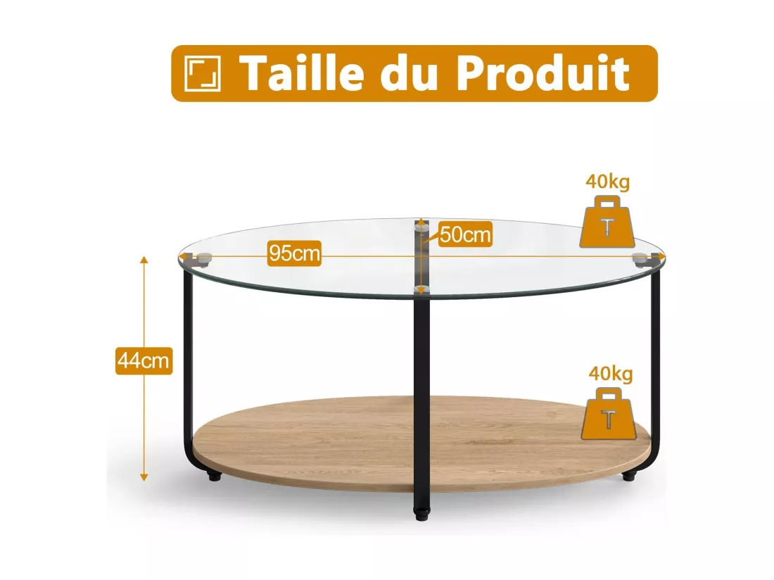 Table Basse en Verre Trempé, Table Basse Salon Ronde 2 Niveaux, Cadre en Métal, Table de Salon pour Maison, Bureau, 95 x 50 x 44cm
