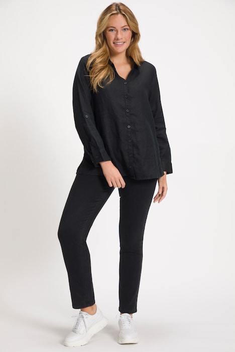 Bluse, Leinen, offener Kragen, Langarm