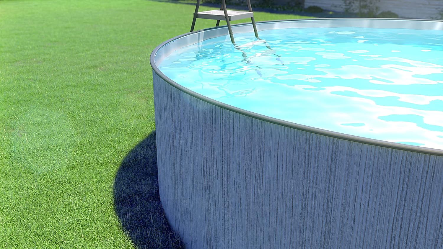 Steinbach Stahlwandpool New Splasher Secure – 011002G – Ø 350 x 90 m – Runder Pool in dunkelgrauer Holzoptik und grauer Innenfolie für bis zu 7.800 l Wasserinhalt – Mit Einhänge-Kartuschenfilteranlage