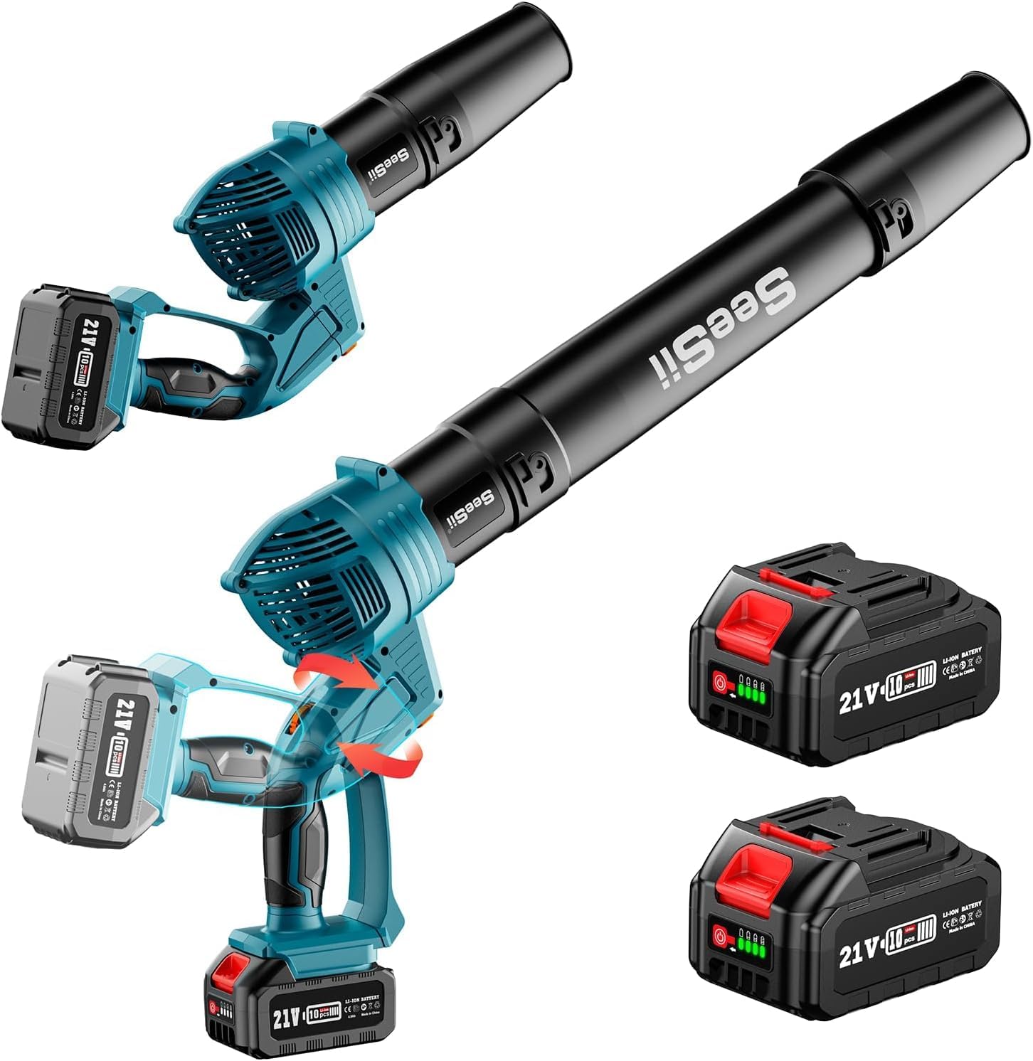 SEESII Akku-Laubbläser mit 2*4,0Ah Akkus & Ladegerät, 5 Stufen elektrisch drehbarer Outdoor-Bläser für Gartenarbeit, Laubreinigung, leicht für Hof, Terrasse, Rasen